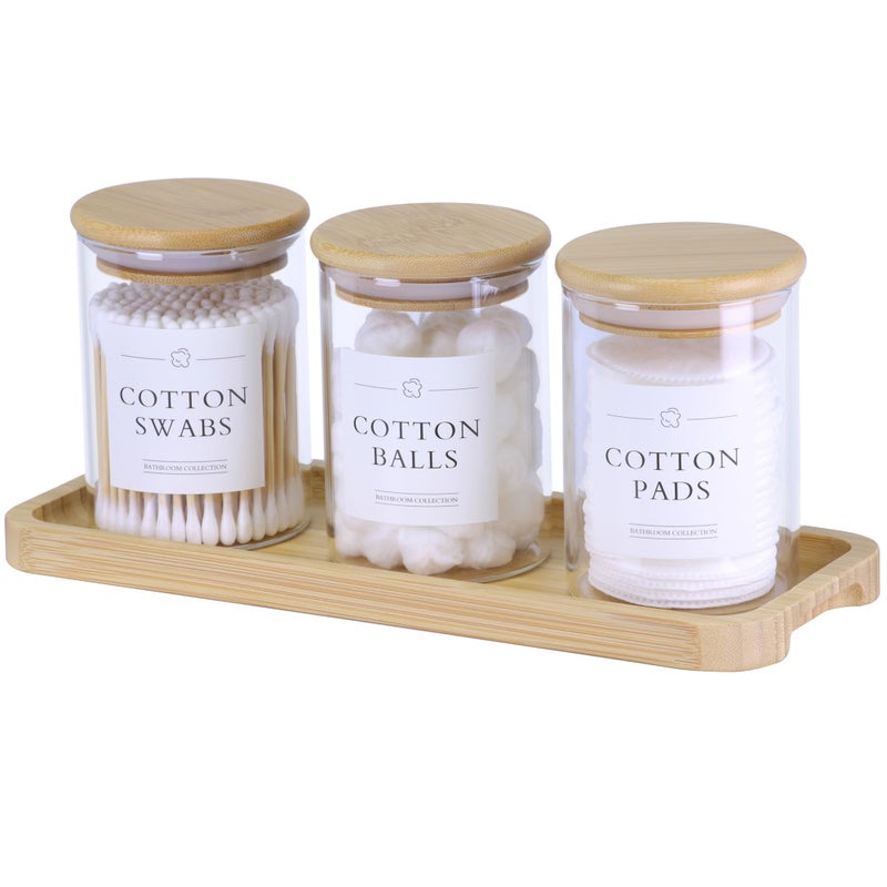 INIUNIK Qtip Holder with Vanity Tray - 3 Pack Glass Apothecary Jars with Lids  Cotton Ball Swab Pad Floss Pick Holder  Bathroom Organizers Jars Containers Canisters Accessories Set - Image 1
